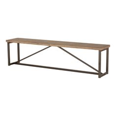 a wooden bench with metal legs on a white background