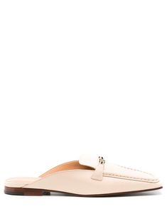 beige calf leather gold-tone logo plaque branded insole square toe open back slip-on style flat leather sole Luxury Slip-on Mules With Almond Toe, Flat Calf Leather Mules With Leather Sole, Luxury Slip-on Mules With Removable Insole, Luxury Slip-on Mules For Work, Classic Calf Leather Sandals For Work, Luxury Leather Mules With Slip-on Fit, Luxury Slip-on Mules With Branded Insole, Luxury Flat Mules With Leather Footbed, Beige Designer Mules For Formal Occasions