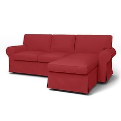 a red couch with a chaise lounger on the bottom right side and an ottoman in the middle