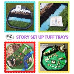 four different pictures with the words story set up tuff trays