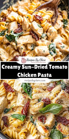 creamy sun - dried tomato chicken pasta in a skillet