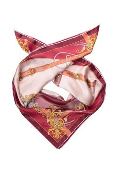 Printed on luxurious silk satin, this scarf features a charming design of pocket watches and jeweled belts, symbolizing the delicate balance of time and style. The intricate details and rich colors make this foulard a standout accessory, perfect for adding a touch of sophistication and playful charm to your wardrobe. Classic foulard size: Approx. 35" x 35". Once made famous by the likes of Audrey Hepburn, Sophia Loren and Grace Kelly, a foulard will always add a touch of elegance to your look. H Luxury Rectangular Scarves, Luxury Square Silk Scarf For Formal Events, Luxury Square Silk Scarf For Formal Occasions, Elegant Silk Square Scarves, Classic Gold Silk Scarf, Luxury Pink Silk Scarf For Formal Occasions, Luxury Silk Scarf For Formal Occasions, Pink Luxury Silk Scarf, Luxury Rectangular Silk Scarf For Formal Occasions