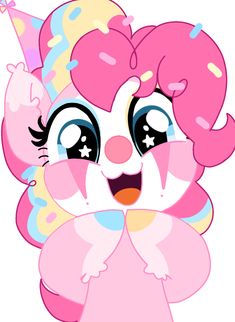 a cartoon pinkie with big eyes and hearts on her head