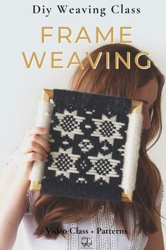 a woman holding up a black and white piece of art with the words frame weaving on it