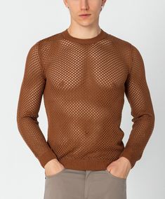 Dare to stand out with our See Through Fishnet Muscle Fit Shirt, the epitome of rebellious style and confidence. Crafted from high-quality fishnet fabric, this shirt offers a unique blend of sensuality and streetwear flair. Designed to showcase your physique, the muscle fit silhouette hugs your body in all the right places, accentuating your muscular build and adding a touch of allure to your look. The see-through nature of the fishnet fabric adds an element of mystery and intrigue, allowing you Fishnet Mesh Top For Fall, Fall Fishnet Mesh Top, Fitted Mesh Open Knit Top, Fitted Mesh Top With Open Knit, Brown Open Knit Crew Neck Top, Fitted Fishnet Tops For Fall, Fitted Fishnet Tops For Spring, Fishnet Long Sleeve Tops For Fall, Fishnet Stretch Tops For Fall