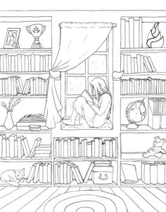 a black and white drawing of a person reading in a bookcase with bookshelves