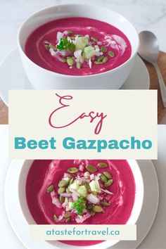 Two white bowls of cold beet gazpacho soup topped with pumpkin seeds. Beet Gazpacho, Yellow Beet Soup, Cold Beet Soup, Lithuanian Cold Beet Soup, Gazpacho Cold Soup, Starters For Dinner, Gazpacho With V8, Light Soup, Shelled Pumpkin Seeds