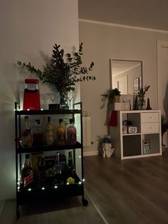 there is a shelf with drinks on it in the living room, next to a potted plant