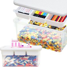 two plastic storage containers filled with colored pencils and crayons