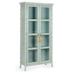 a white cabinet with two glass doors and a ratchet handle on the front door