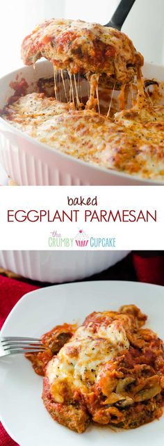 an eggplant parmesan casserole is being lifted with a fork