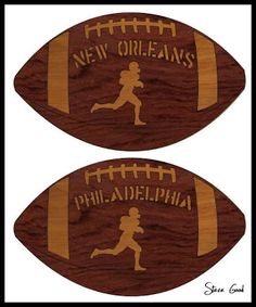 two footballs with the words new orleans and a running woman on them are shown