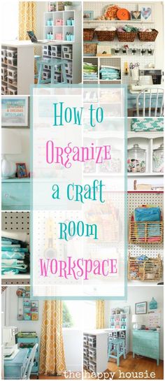 an organized craft room with lots of storage space and organization items on the shelves in it