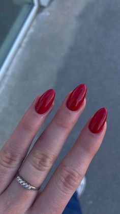 Red Almost Nails, Red Nails One Glitter, Red Nails Fancy, Strawberry Red Nails, Soft Red Nails, Red Nails Round, Red Oval Acrylic Nails, Oval Nails Red, Short Almond Red Nails