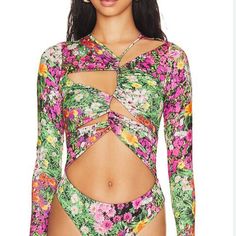 New With Tags! Afrm Revolve Mixed Floral Sub Bodysuit, Great Quality, Comfortable, Colorful And Trendy Cutout Swimwear For Spring, Spring Multicolor Bodysuit For Poolside, Trendy Floral Print Bodysuit For Spring, Spring Stretch Swimwear With Cutout, Spring Stretch Cutout Swimwear, Spring Green Printed Bodysuit, Spring Beachwear Bodysuit With Cutout, Floral Print Bodysuit For Spring Party, Spring Floral Print Bodysuit For Party