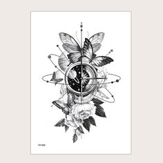 a black and white drawing of a clock surrounded by flowers with butterflies on the face