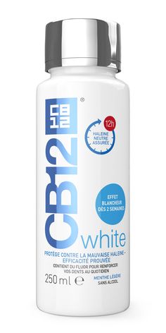 CB12 White bain de bouche. Formule brevetée, avec action neutralisante de 12 heures, cliniquement prouvée, sur la mauvaise haleine à base de Polyvidone.  Aide à réduire les taches qui ternissent les dents et prévient leur réapparition.  Aide à blanchir les dents dès 2 semaines, utilisé 2 fois par jour en complément du brossage.  Sans alcool.  Contient 0,05% de fluor, un ingrédient reconnu pour participer au renforcement de l’émail dentaire. Arôme menthe légère.