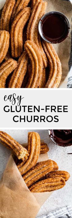 churros on a plate with dipping sauce in the background and text overlay that reads easy gluten - free churros