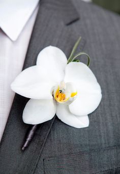 a white flower is placed on the lapel of a suit