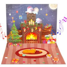 a fireplace with christmas decorations and musical notes