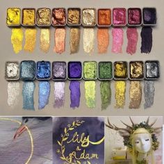 several different colored powders are shown in this collage, and there is an assortment of them