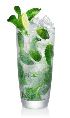 a tall glass filled with ice and green leaves