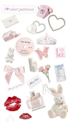 a bunch of different items that are on a white surface with pink and red accents