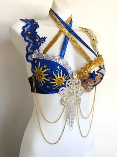 "DISCOUNT: Before purchasing, message me to find out what the discount options are. This design is made to order. Please message me your bra/bottoms size to place a custom order. Some A-cup, 32C, 32D and sizes above a 36D may have an extra charge. Rush Fee applies to any \"CUSTOM SIZE\" listing needed BY or BEFORE 25 days from the date of purchase. This time frame is subject to change if my schedule becomes booked sooner than expected. Rush Fee link must be added to your cart if the above applie Gold Rave Outfit Ideas, Sun Inspired Outfit, Sun And Moon Outfit, Stella Costume, Gold Rave Outfit, Fantasy Masks, Sun Outfits, Sun Outfit, Rave Girl Outfits