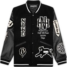 The Neighborhood Stadium Jacket is a must-have outerwear streetwear item. The design is composed of wool and nylon and is highlighted by the array of patchwork designs and embroidery. The design features a custom-quilted jacquard lining, snap button front, double welt pockets, and ribbed detailing at the cuffs and hem for a finished design. Wool/nylon blend Embossed cow leather Jacquard lining Snap button front closure Double welt pockets Ribbed trims Style No: 232SZNH-JKM03-BLK Luxury Fall Outerwear With Logo Patch, Hooded Winter Outerwear With Embroidered Patch, Black Varsity Jacket With Logo Patch For Winter, Black Varsity Jacket With Logo Patch For Fall, Varsity Long Sleeve Outerwear With Logo Patch, Urban Outerwear With Logo Patch For Winter, Urban Embroidered Varsity Jacket For Winter, Winter Cotton Varsity Jacket With Logo Patch, Designer Varsity Jacket With Embroidered Logo For Streetwear