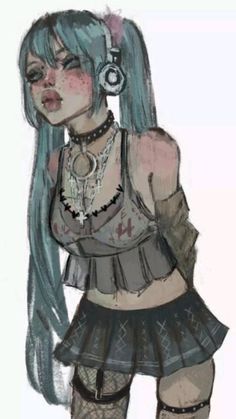 a drawing of a girl with blue hair and piercings on her head, wearing a short skirt