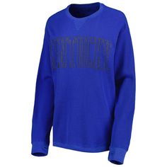 The Women's Pressbox Royal Kentucky Wildcats Surf Plus Size Southlawn Waffle-Knit Thermal Tri-Blend Long Sleeve T-Shirt is the perfect way to show your support for the Kentucky Wildcats. Made from a soft and comfortable cotton, polyester, and spandex blend, this thermal tee features a waffle knit fabric for added warmth. The thumbholes in the cuffs keep your hands warm, while the tri-blend fabric wicks away moisture to keep you dry and comfortable. Whether you're cheering on the Wildcats at the Sporty Waffle Knit Cotton Tops, Sporty Cotton Waffle Knit Tops, Blue Ribbed Sporty Tops, Sporty Blue Top With Ribbed Neckline, Sporty Waffle Knit Long Sleeve Tops, Sporty Long Sleeve Waffle Knit Top, Sporty Knit Tops With Ribbed Collar, Sporty Crew Neck Knit Top, Sporty Crew Neck Top In Knit