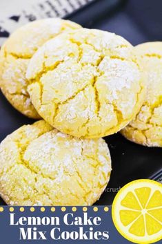 lemon cake mix cookies are stacked on top of each other