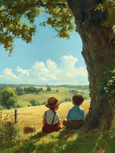 two children sitting under a tree looking at the countryside