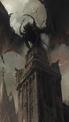 a large dragon flying over a castle next to a tall building on a cloudy day