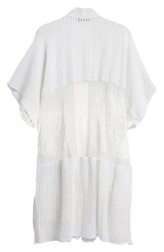 Diamond mesh and knit lattice stitches add captivating charm to a lightweight cover-up you'll love to layer. Open front Elbow-length sleeves Lattice: 70% polyester, 25% cotton, 5% spandex; Diamond Mesh: 100% polyester Hand wash, line dry Imported Spring White Knit Cover-up, Chic Knit Beach Cover-up, Stretch Open Knit Cover-up For Spring, Summer Open Knit Top For Layering, White Knit Top For Beach In Fall, White Mesh Top With Mesh Sleeves For Summer, White Stretch Pointelle Knit Cardigan, Beach Pointelle Knit Cardigan, Pointelle Knit Cardigan For The Beach