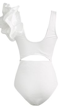 Textured fabric V neck Cut-out detailing Asymmetric ruffle shoulder Center twist detail Removable padding High-rise waist fit Moderate coverage Cut Out One Piece, Brazilian Cut, Strapless Bandeau, White Swimsuit, Bralette Tops, White Texture, Plus Size Swimwear, White Crochet, Textured Fabric