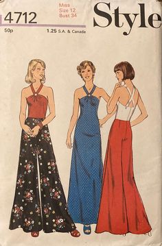 two women in long dresses and one is wearing a halter top with an open back