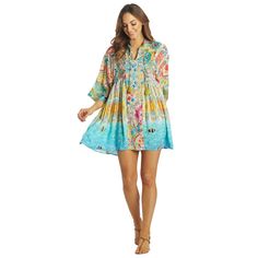 Johnny Was Women's Mixi Short Kaftan Dress Nwt! Size- Xs Measurements- Length- 36.5 Inches Underarm To Underarm-17.5 Inches Perfect Festival Dress In An Under The Sea Colorful Print, Soft And Flowy Fit Features Drape Sleeve, Border Multi Print,Above Knee Length, Open Neck With Tie Details Fabric: 100% Rayon Care: Hand Wash, Cold Water, Lay Flat To Dry Chlorine Resistant: No Back Style: V Back Adjustable: No Country Of Origin: Imported Silk Boho Print Summer Dresses, Summer Silk Dresses With Boho Print, Silk Boho Print Dresses For Summer, Bohemian V-neck Silk Dress, Spring Tunic Beachwear Dresses, Spring Beachwear Dresses In Rayon, Beach Silk Printed Dresses, Silk Beach Dress With Prints, Silk Printed Beach Dresses