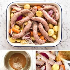 the ingredients for this dish include sausages, potatoes and carrots