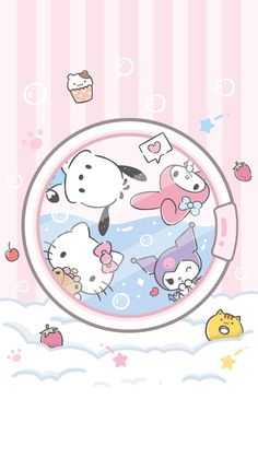 the hello kitty wallpaper is in pink, white and blue colors with different characters on it