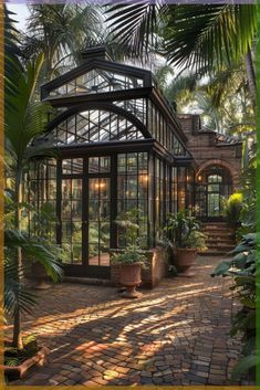 a glass house surrounded by palm trees and potted plants in the middle of a brick walkway