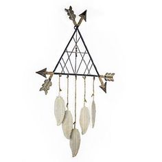 a metal wind chime with feathers hanging from it's sides and an arrow on top