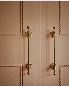 two brass handles on the front door of a pink building with roped off sides