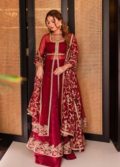 Red Dress Outfit Pakistani, Simple Pishwas Designs, Red Dress Wedding Outfit, Barat Guest Outfit, Red Dresses Pakistani, Maroon Dress Indian, Red Wedding Dress Pakistani, Heavy Dresses Indian Suits, Maroon Pakistani Dress