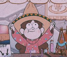 a cartoon character wearing a sombrero and standing in front of a table with many items on it