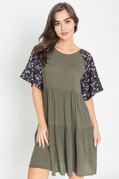 Olive Tiered Floral Ruffle Sleeve Midi Dress Green Ruffle Sleeve Dress For Beach, Casual Flutter Sleeve Sundress For Spring, Casual Flowy Short Sleeve Sundress, Casual Flowy Sundress With Short Sleeves, Casual Mixed Print Vacation Dress, Casual Mixed Print Dress For Vacation, Summer Cotton Dress With Ruffle Sleeves, Short Sleeve Sundress For Brunch, Casual Mixed Print Summer Dress