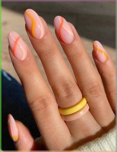 Spring into style with these essential, must-try spring nail designs that'll put a fresh, fab twist on your fingertips! Nail Design Squiggle, Red And Orange Swirl Nails, Oval Nails Swirl Designs, Simple Nail Designs For Almond Nails, Line Pattern Nails, Colorful Line Nail Designs, Winter Nails Orange, Orange Line Nails, Simple Nail Designs Orange