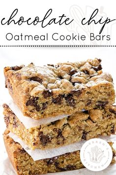 chocolate chip oatmeal cookie bars stacked on top of each other with the title above it