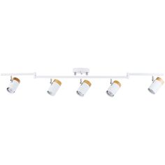 the track lighting fixture is white and has four lights on each side, one with gold trim