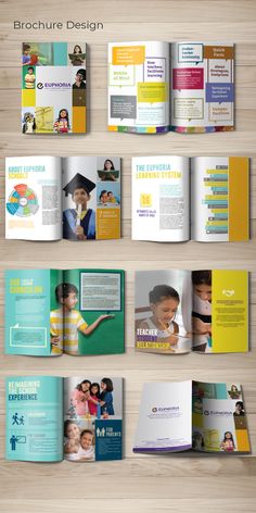 the brochure design is designed to look like it has many different colors and shapes